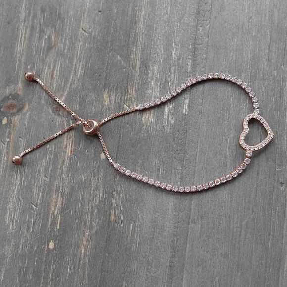 925 Sterling Silver Heart Bracelet Rose Gold Plated Adjustable Crystals Dainty - Picture 3 of 6